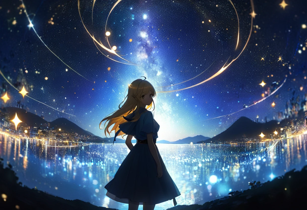 (((zoom out))),8k,((Highest quality)),((high-res)),((shot from behind)),night,She stands in a magical world ,thank you!