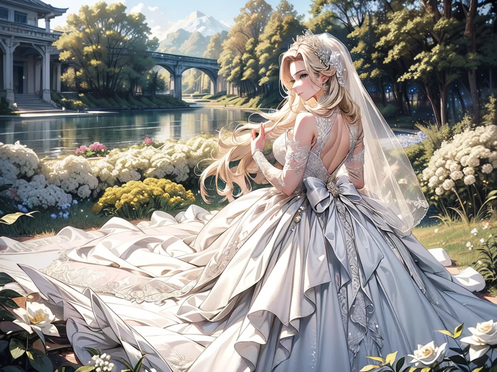 (masterpiece, best quality, beautiful and aesthetic:1.3), look back, side view, 1girl, solo, light smile, (makeup, long hair, light beige hair, blue eyes:1.2), bridal veil, lace-trimmed dress, see-through, wedding dress, outdoors, white roses, garden, morning, standing, extreme detailed, 