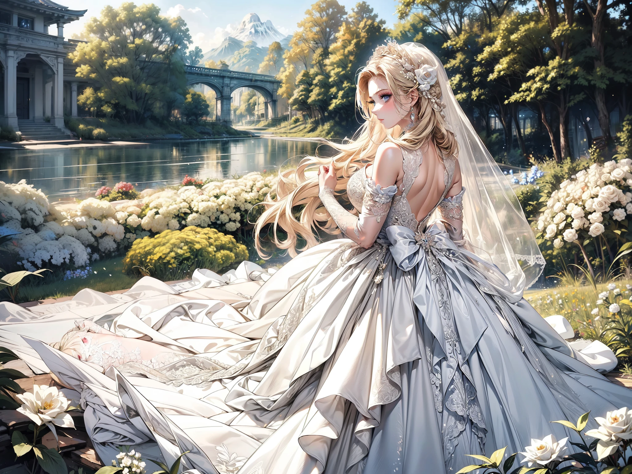 (masterpiece, best quality, beautiful and aesthetic:1.3), look back, side view, 1girl, solo, light smile, (makeup, long hair, light beige hair, blue eyes:1.2), bridal veil, lace-trimmed dress, see-through, wedding dress, outdoors, white roses, garden, morning, standing, extreme detailed, 