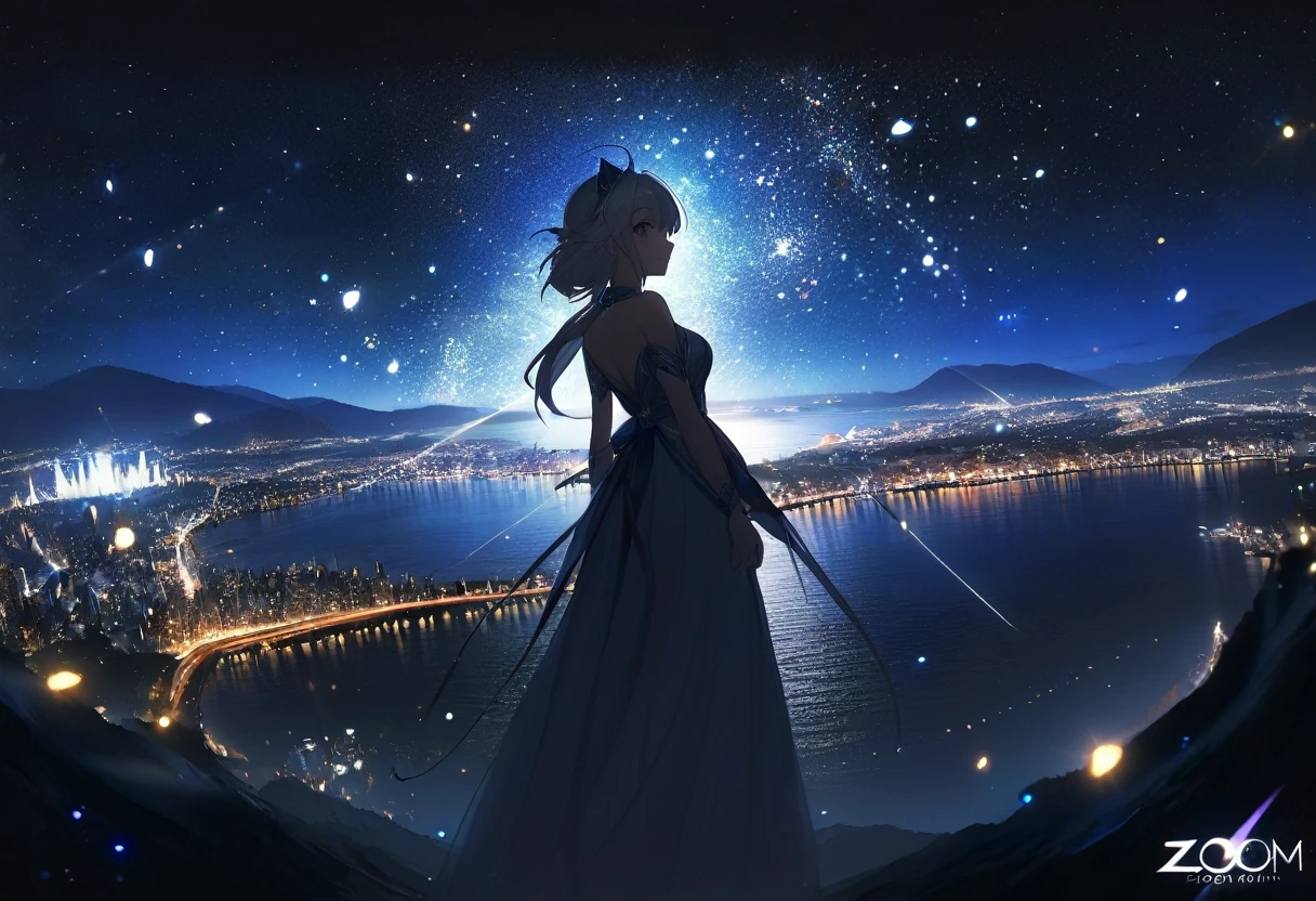 (((zoom out))),8k,((Highest quality)),((high-res)),((shot from behind)),night,She stands front of a magical world ,thank you!