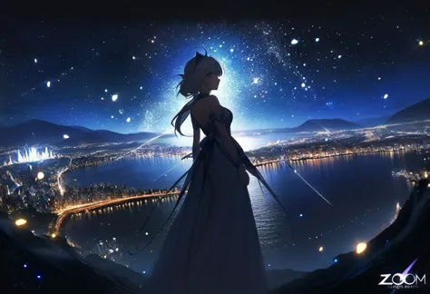 (((zoom out))),8k,((highest quality)),((high-res)),((shot from behind)),night,she stands front of a magical world ,thank you!