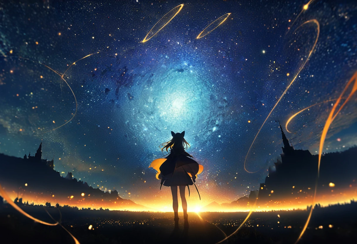 (((zoom out))),8k,((Highest quality)),((high-res)),((shot from behind)),night,She stands front of a magical world ,thank you!