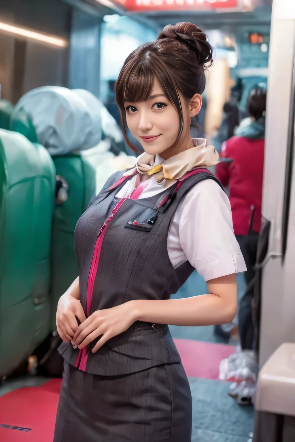 (masterpiece:1.2, Highest quality:1.2), 32k HDR, High resolution, (alone、One girl)、（At the station platform、Professional Lighting）、Empty train station platform background、（Realistic style of JR Gran Class crew uniform）、Short sleeve blouse、a scarf around the neck、（JR Gran Class flight attendant uniform with pink parts on the skirt sleeves）、（The uniform of a flight attendant in JR Gran Class has a pink line on the front zipper of the vest.）、Dark brown hair、（Chignon、Hair tied up）、Dark brown hair、Long Shot、Big Breasts、（（Great hands：2.0）），（（Harmonious body proportions：1.5）），（（Normal limbs：2.0）），（（Normal finger：2.0）），（（Delicate eyes：2.0）），（（Normal eyes：2.0））)、Big Breasts、Luxury Necklace、smile、Beautiful standing posture,Place your hands around your stomach