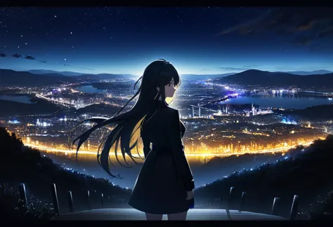 (((zoom out))),8k,((highest quality)),((high-res)),((shot from behind)),night,she stands front of a beautiful landscape ,gritter...