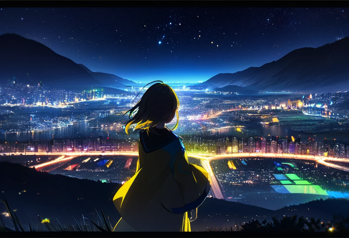 (((zoom out))),8k,((Highest quality)),((high-res)),((shot from behind)),night,She stands front of a beautiful landscape ,colorful,thank you!