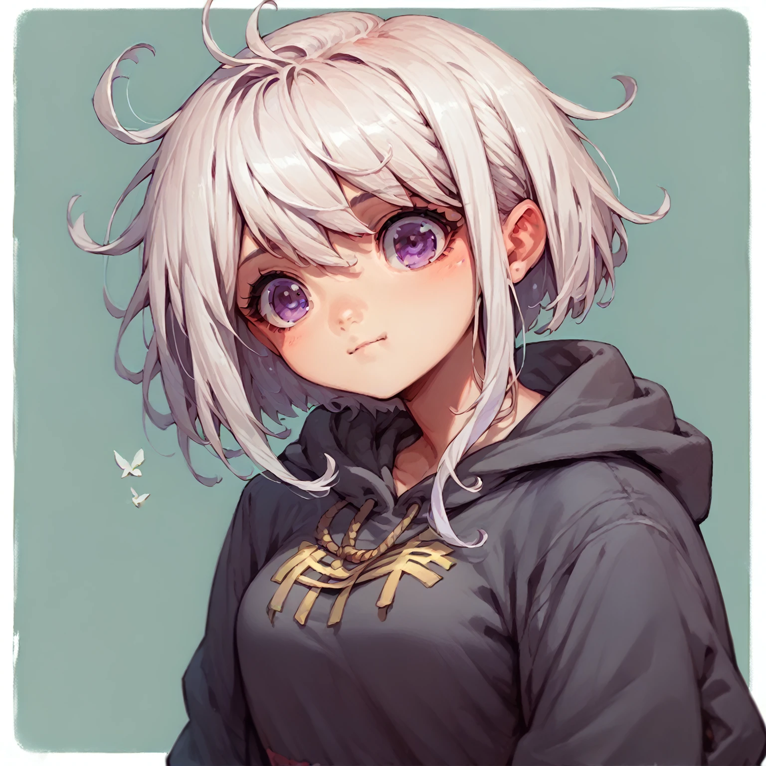 una caricatura de una niña con cabello blanco y ojos morados, [[[[sonriendo perversamente]]]], Estilo de arte anime Moe, ella tiene una cara linda y expresiva, en estilo anime, chica anime llamada lucy, linda cara de anime, en sudadera preto, cara de chica anime extremadamente linda, sonriendo lascivamente, lindos retratos de chicas anime, en sudadera((pechos grandes))