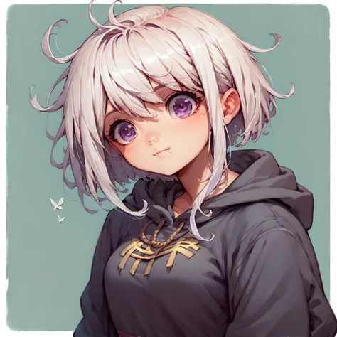 a cartoon of a girl with white hair and purple eyes, [[[[grinning wickedly]]]], anime moe art style, she has a cute and expressi...