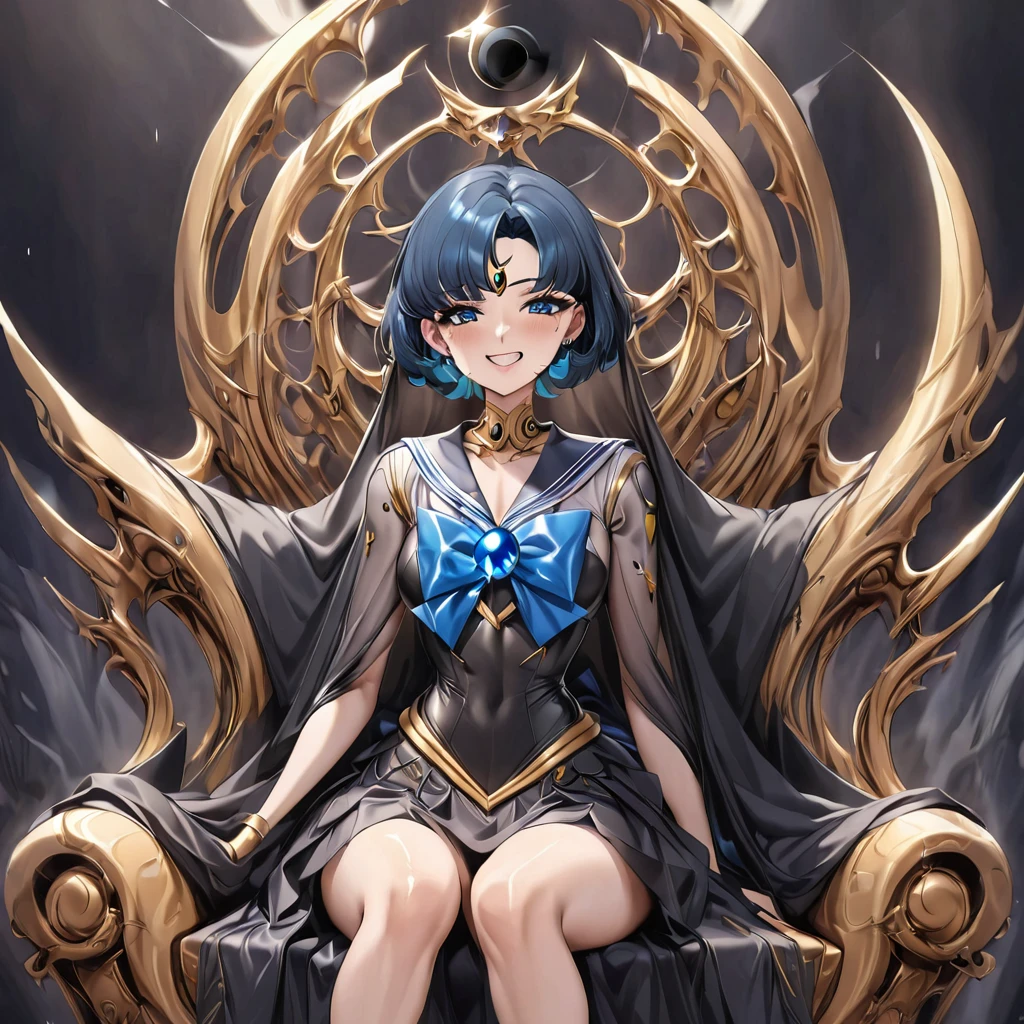 ((Highest quality)), ((masterpiece)), (detailed), （Perfect Face）、Black moon mark on forehead、The woman is Sailor Mercury, the noble dark queen of the Black Moon clan and the Black Moon, with short blue bob hair, and is sitting on a luxurious throne.、The woman has a black inverted crescent moon mark on her forehead, is wearing a gorgeous, glittering black gothic Victorian dress, a black veil and a black see-through cape, and is wearing luxurious jeweled accessories. She is the Queen of Darkness, Sailor Mercury, looking at the camera with a happy expression, and has the expression of a girl in love.