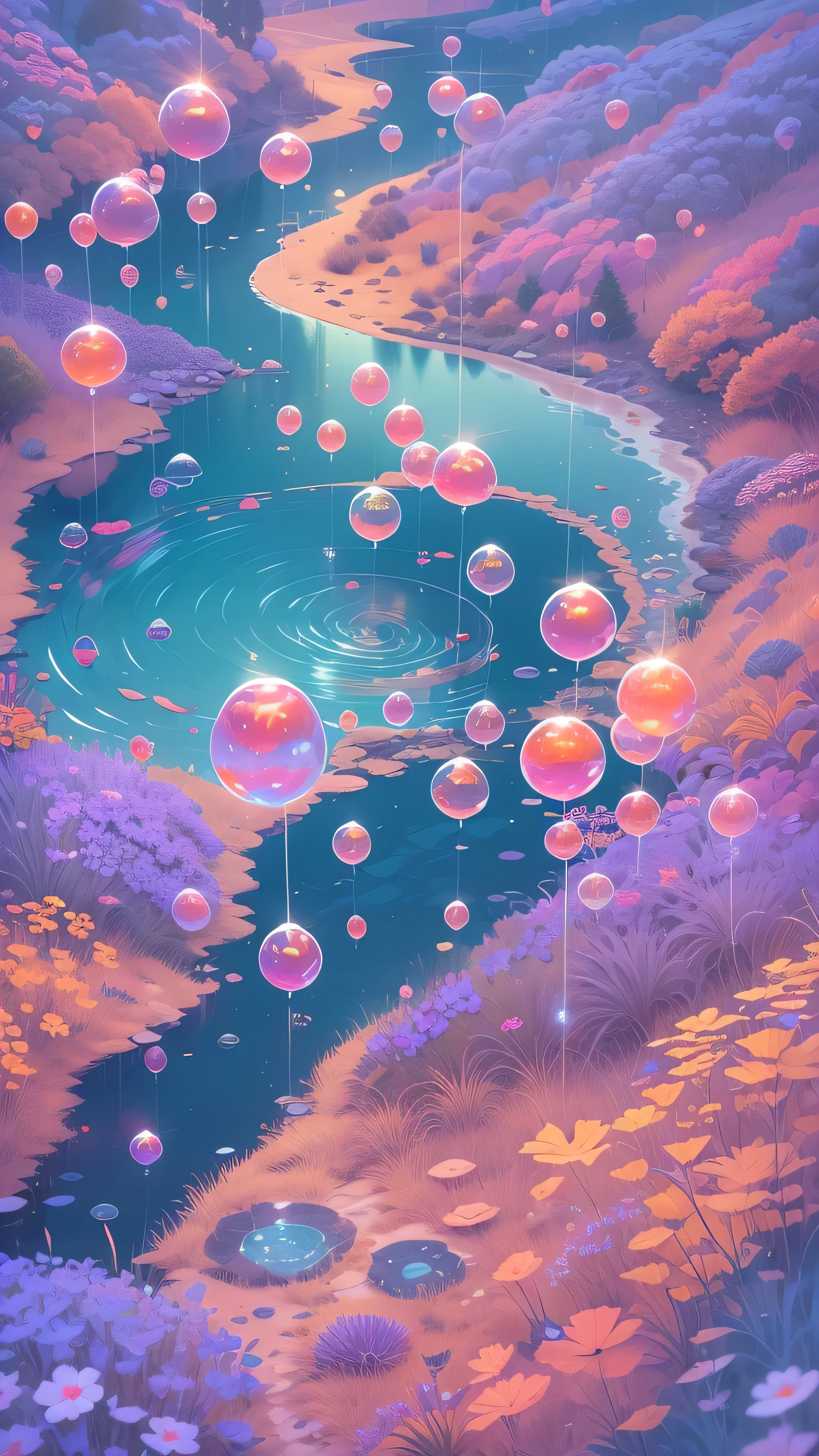 Distant view of the lake,Super cute slime,Reflects light,Colorful bubbles,Magical Lake,Super detailed,Highest quality,Soft lighting, Fantasy Style, Vibrant colors