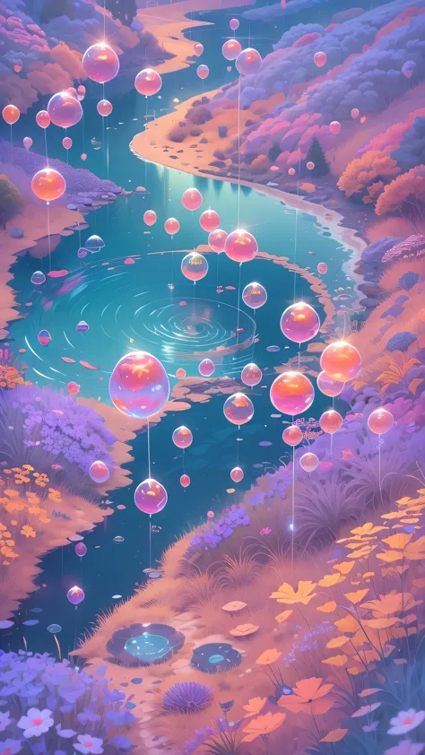 Distant view of the lake,Super cute slime,Reflects light,Colorful bubbles,Magical Lake,Super detailed,Highest quality,Soft light...