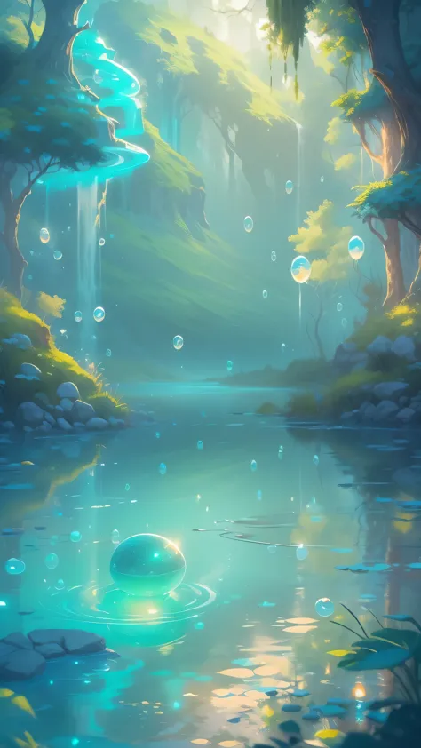 Distant view of the lake,Super cute slime,Reflects light,Colorful bubbles,Magical Lake,Super detailed,Highest quality,Soft light...