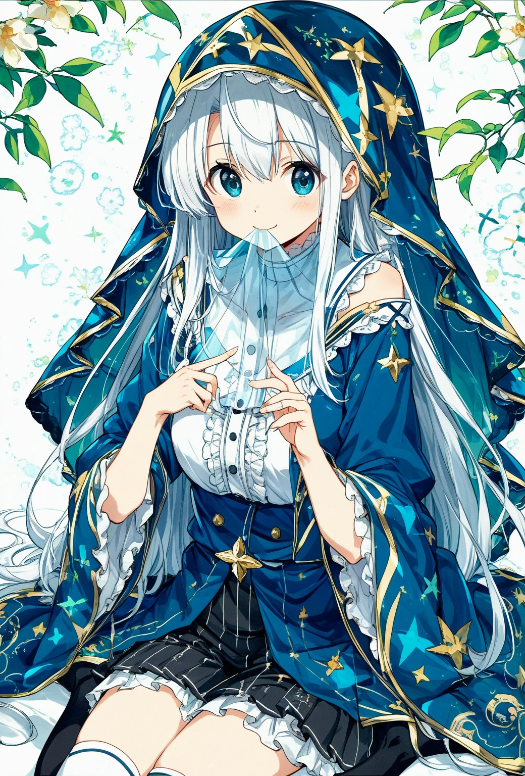 ((Highest quality)), ((masterpiece)), ((Very detailed)), (Very mature),A cute high school girl with a gentle look, white hair and about 165cm tall.，A high school girl with a cute smile and ample breasts wearing a transparent black wavy top with a cute patterned hood that shows off her shoulders, 顔が若干縦方向に長いbright笑顔の女性，Small Faced Woman，alone, Cute attitude,(background(bright)，Long Hair - Straight，Knee-high socks、A transparent white veil with a cute pattern and a hood with white off-the-shoulders，White wall、Sitting、Facing the viewer、縁に模様がある壁が1面のbackground
