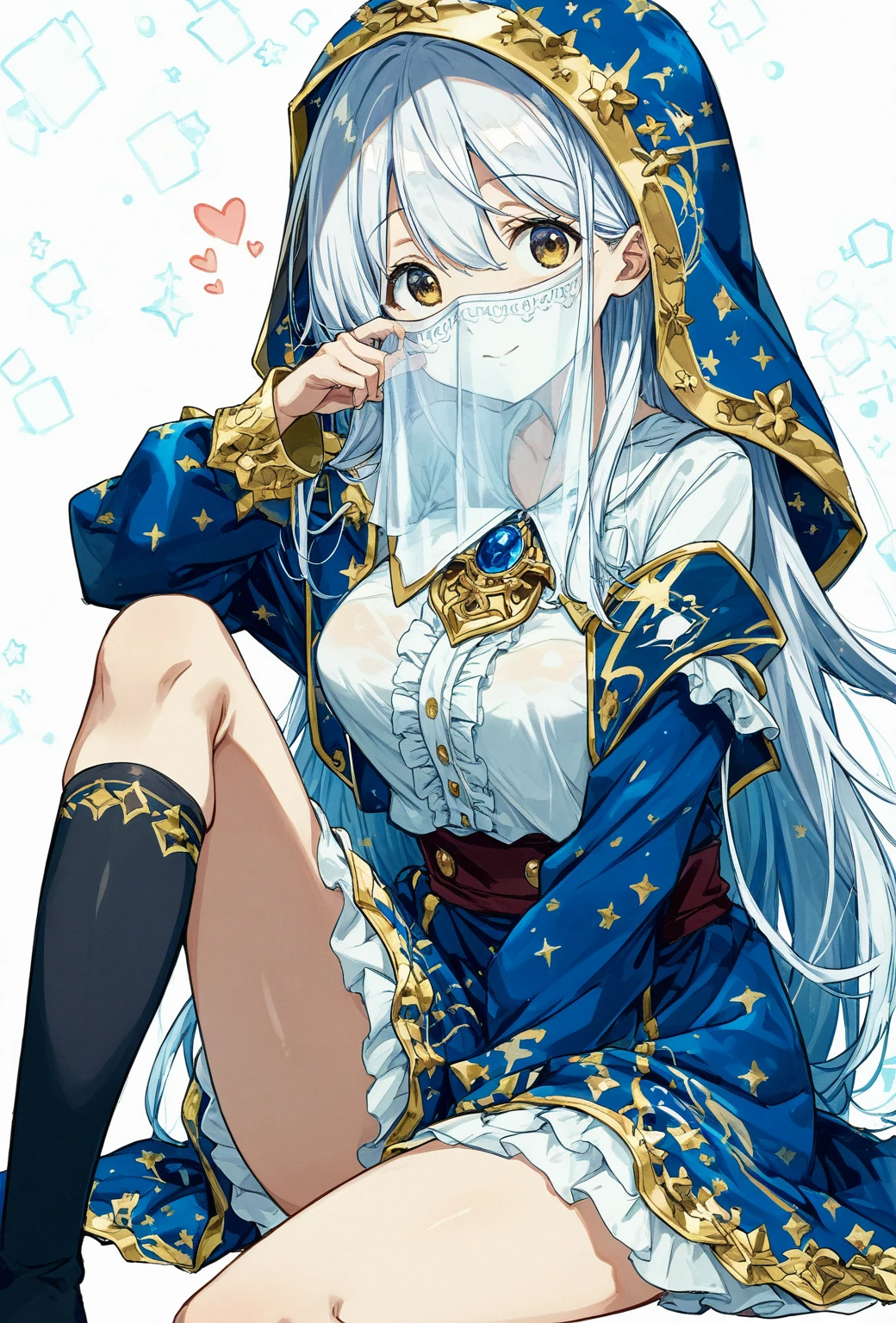 ((Highest quality)), ((masterpiece)), ((Very detailed)), (Very mature),A cute high school girl with a gentle look, white hair and about 165cm tall.，A high school girl with a cute smile and ample breasts wearing a transparent black wavy top with a cute patterned hood that shows off her shoulders, A woman with a bright smile and a slightly vertically long face，Small Faced Woman，alone, Cute attitude,(background(bright)，Long Hair - Straight，Knee-high socks、A transparent white veil with a cute pattern and a hood with white off-the-shoulders，White wall、Sitting、Facing the viewer、The background is a wall with a patterned edge.
