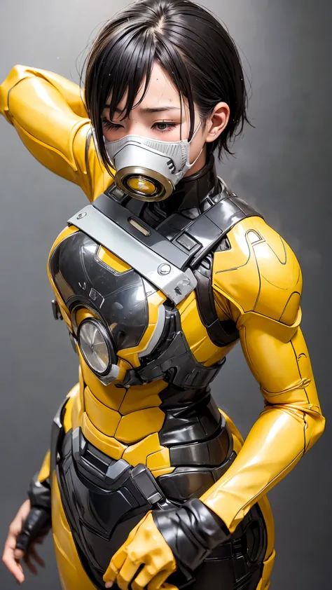 Highest quality　8k Yellow and black Iron Man suit girl　Kindergarten girl　Sweaty face　cute　short hair　boyish　Steam coming from th...