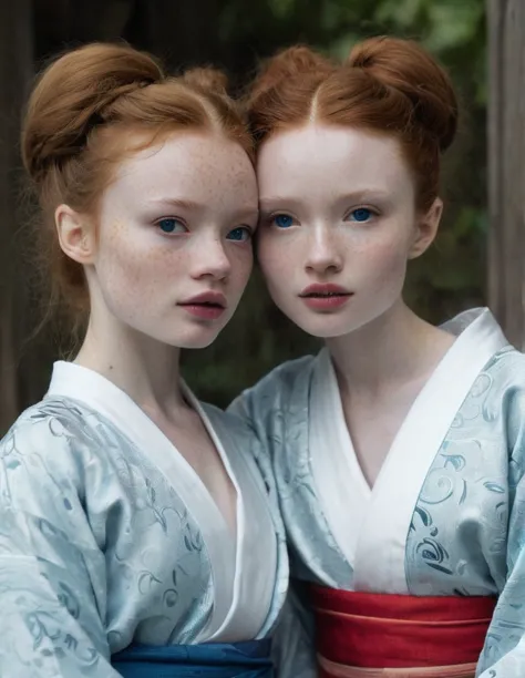 A beautiful detailed portrait of Sadie Sink and Emily Browning,face to face, warm hugs,  (freckles:1.1), symmetric swirls around...