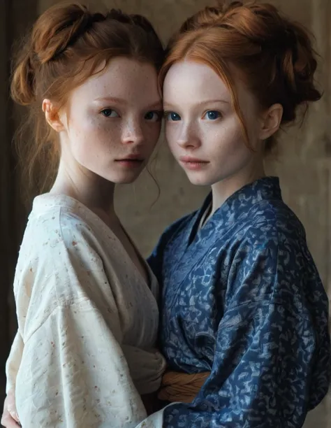 A beautiful detailed portrait of Sadie Sink and Emily Browning,face to face, warm hugs,  (freckles:1.1), symmetric swirls around...