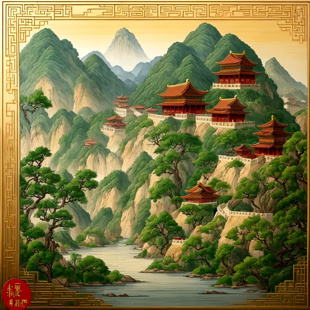 Chinese landscape painting，Cloisonné enamel，gold trim，exquisite craftsmanship，Modern approach，very well，4k ultra high definition，clean background，concise