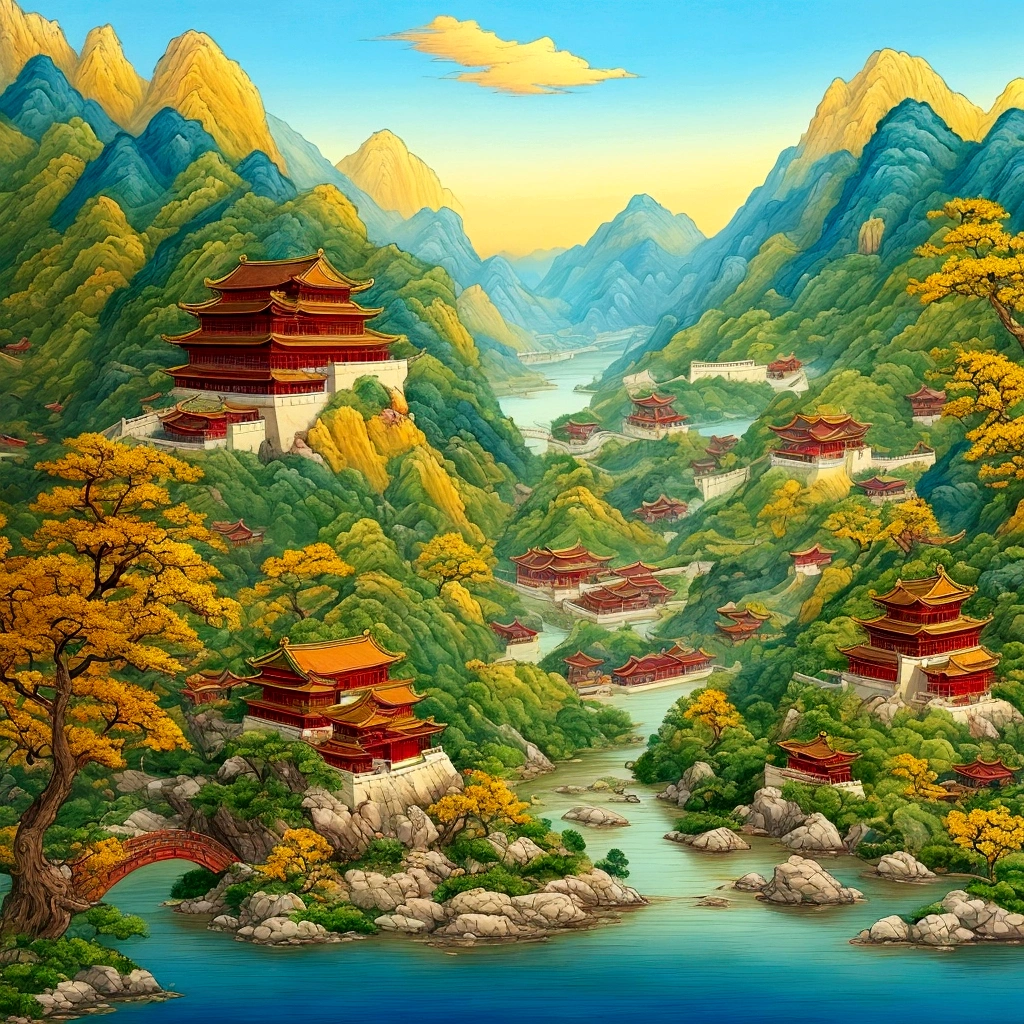 Chinese landscape painting，Cloisonné enamel，gold trim，exquisite craftsmanship，Modern approach，very well，4k ultra high definition，clean background，concise