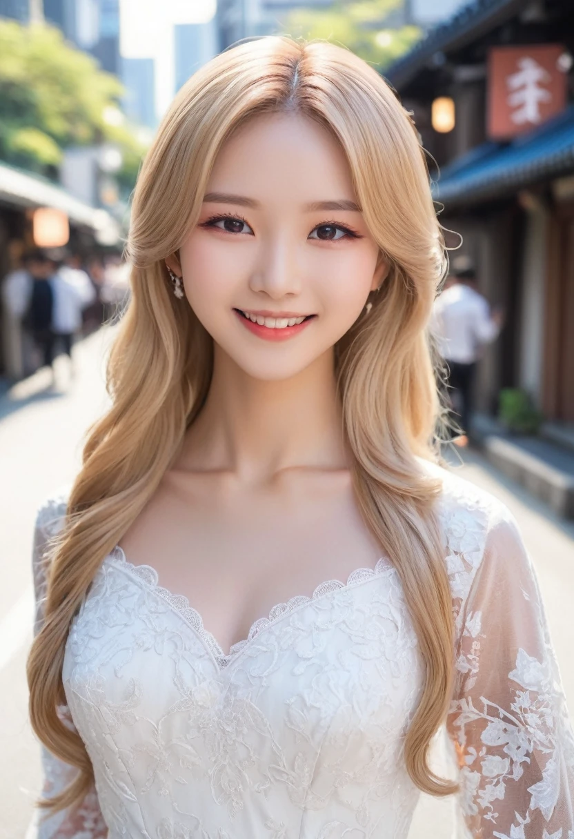 Leila、18-year-old、1 person、（Russian women）、（Thin contours:1.3）、（Grey Eyes:2.0）、（Realistic bust size 90cm:1.3）、（Narrow waist）、（White and translucent skin）、（Natural light blonde medium long hair:1.3）8-head-tall model style、Long dress、Inside the city of Tokyo、smile