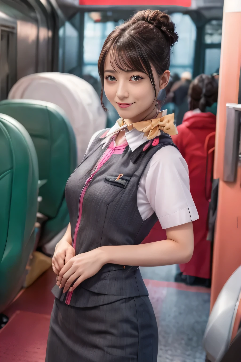 (masterpiece:1.2, Highest quality:1.2), 32k HDR, High resolution, (alone、One girl)、（At the station platform、Professional Lighting）、Empty train station platform background、（Realistic style of JR Gran Class crew uniform）、Short sleeve blouse、a scarf around the neck、（JR Gran Class flight attendant uniform with pink parts on the skirt sleeves）、（The uniform of a flight attendant in JR Gran Class has a pink line on the front zipper of the vest.）、Dark brown hair、（Chignon、Hair tied up）、Dark brown hair、Long Shot、Big Breasts、（（Great hands：2.0）），（（Harmonious body proportions：1.5）），（（Normal limbs：2.0）），（（Normal finger：2.0）），（（Delicate eyes：2.0）），（（Normal eyes：2.0））)、Big Breasts、Luxury Necklace、smile、Beautiful standing posture,Place your hands around your stomach