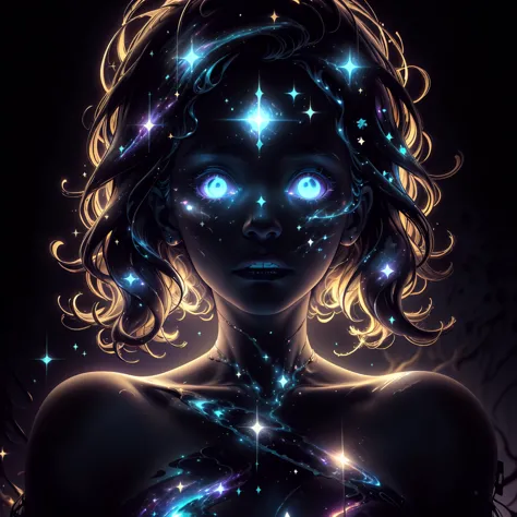 ((This is a dark masterpiece with deep shadows.)) Generate a  female dark divine being with ((pure black galaxy skin)). Her face...
