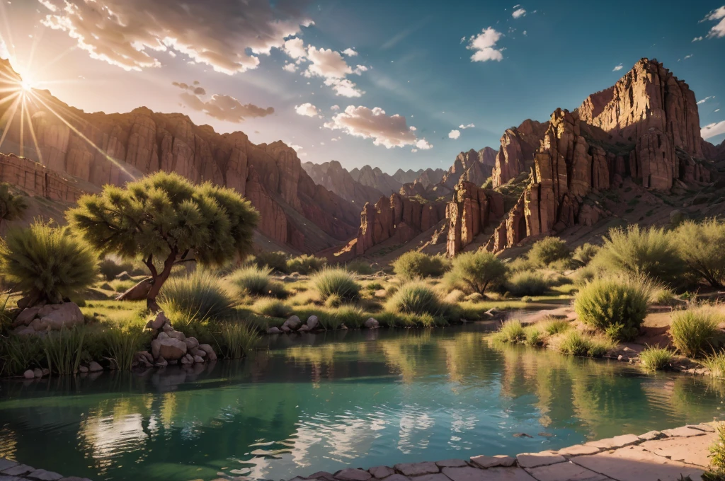 papéis de parede de oásis, lugares lindos sem pessoas em forma de fotografia inspirada em Steve McCurry, mostrando um oásis escondido no deserto com um pequeno lago cercado por rochas e vegetação exuberante, cores vibrantes e uma luz suave ao pôr do sol que cria uma atmosfera de paz e tranquilidade