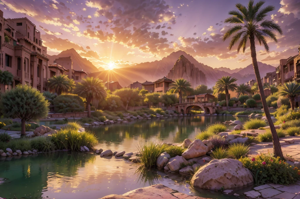 oasis wallpapers beautiful places without people in the form of photography inspired by Steve McCurry, showing an oasis hidden in the desert with a small lake surrounded by rocks and lush vegetation, vibrant colors and a soft light at sunset that creates an atmosphere of peace and tranquility