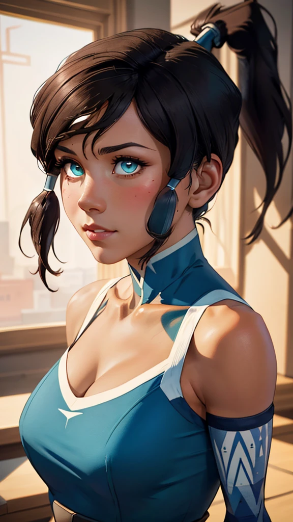 cleavage，(best quality, masterpiece, colorful, dynamic angle, highest detailed)(korra),upper body photo,fashion photography of cute girl (korra),ponytail,dark skin,bare shoulders,in dynamic pose,bokeh,(intricate details, hyperdetailed:1.15),detailed,sunlight passing through hair,monocromatic splash art background(high contrast, official art, extreme detailed, highest detailed),