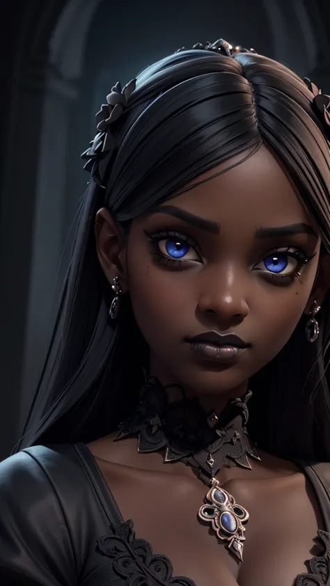 a beautiful detailed portrait of a gothic dark-skinned girl, extremely detailed hyperrealistic face, detailed eyes, nose, and fu...