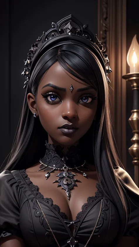a beautiful detailed portrait of a gothic dark-skinned girl, extremely detailed hyperrealistic face, detailed eyes, nose, and fu...