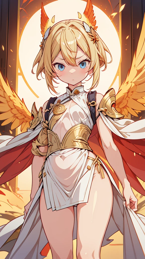 Angel boy，Cuteboy，femboy，Thick thighs，cute thigh，希腊风gown，blond，blond，高开叉gown，laurels，boy，wing，wing，Serious and serious，Serious expression，Serious boy，Poker face，cute，cute，cute，Plump thighs，Flesh，Close-up above the waist，flat chest，gown，cheongsam，Sexy cheongsam，cheongsam style，wing，wing，wing