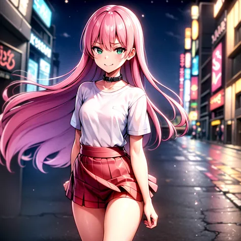 ​masterpiece, top-quality, 1girl, A pink-haired,verd s eyes, length hair,(tiny chest),Standing at street, (Collar T-shirt), Unde...