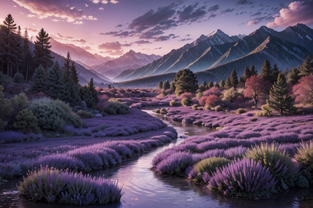 Landschaftshintergründe von wunderschönen Orten ohne Menschen, Fotografie inspiriert von Ansel Adams, Eine weite Berglandschaft mit einem gewundenen Fluss in der Abenddämmerung, Kühle Blautöne und Violett, sanfte und natürliche Beleuchtung, heitere und ruhige Atmosphäre, 35mm lens