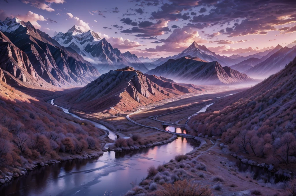 fonds d&#39;écran de paysages de beaux endroits sans personnes, photographie inspirée par Ansel Adams, un vaste paysage montagneux avec une rivière sinueuse au crépuscule, tons froids de bleu et de violet, Éclairage doux et naturel, ambiance sereine et tranquille, objectif 35 mm