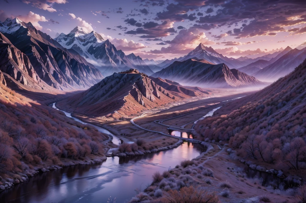 Landschaftshintergründe von wunderschönen Orten ohne Menschen, Fotografie inspiriert von Ansel Adams, Eine weite Berglandschaft mit einem gewundenen Fluss in der Abenddämmerung, Kühle Blautöne und Violett, sanfte und natürliche Beleuchtung, heitere und ruhige Atmosphäre, 35mm lens