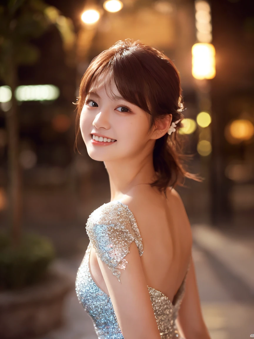 1 Girl, (Wearing a white glitter dress:1.2), (RAW Photos, Highest quality), (Realistic, Photorealistic:1.4), Tabletop, Very delicate and beautiful, Very detailed, 2k wallpaper, wonderful, finely, Very detailed CG Unity 8K 壁紙, Very detailedな, High resolution, Soft Light, Beautiful detailed girl, Very detailed目と顔, Beautiful and detailed nose, finelyて美しい目, Cinema Lighting, City lights at night, Perfect Anatomy, Slender body, smile