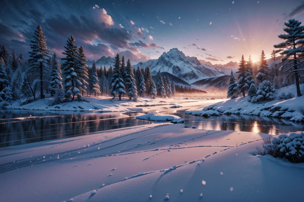 Landschaftshintergründe von wunderschönen Orten ohne Menschen, digitale Illustration inspiriert von Hidetaka Miyazaki, eine schneebedeckte Berglandschaft mit Kiefern und einem zugefrorenen See in der Abenddämmerung, kühle Weiß- und Blautöne, sanftes Dämmerlicht, heitere und ätherische Atmosphäre