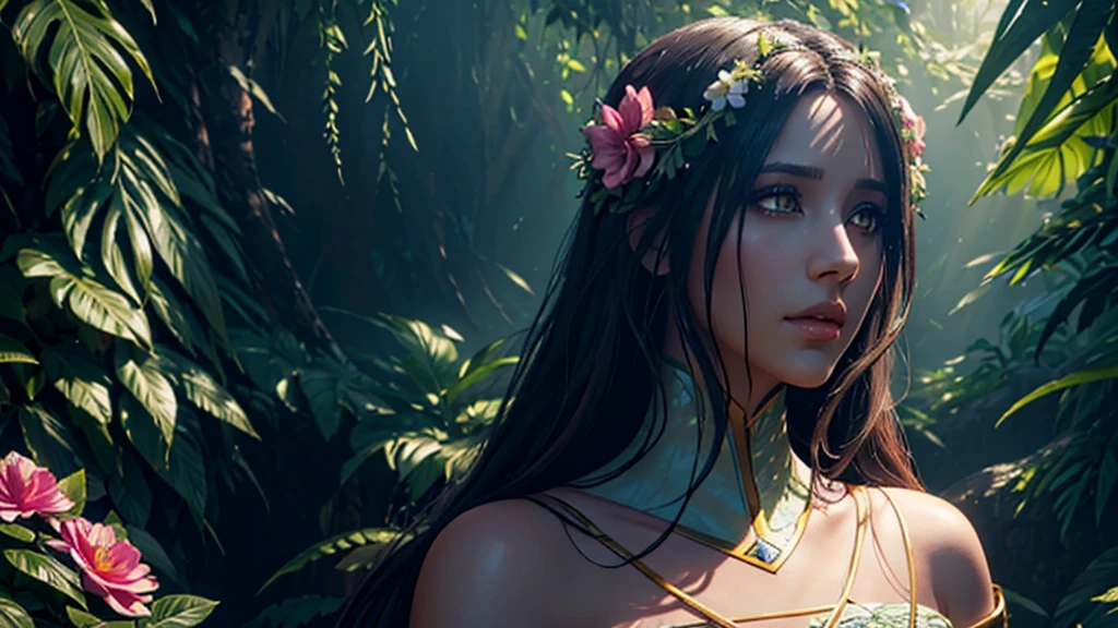 a beautiful albedo standing in an ethereal landscape, extremely detailed face and eyes, beautiful intricate dress, sunlight shimmering on her skin, serene expression, lush foliage and flowers in the background, cinematic lighting, epic fantasy art, vibrant colors, photorealistic