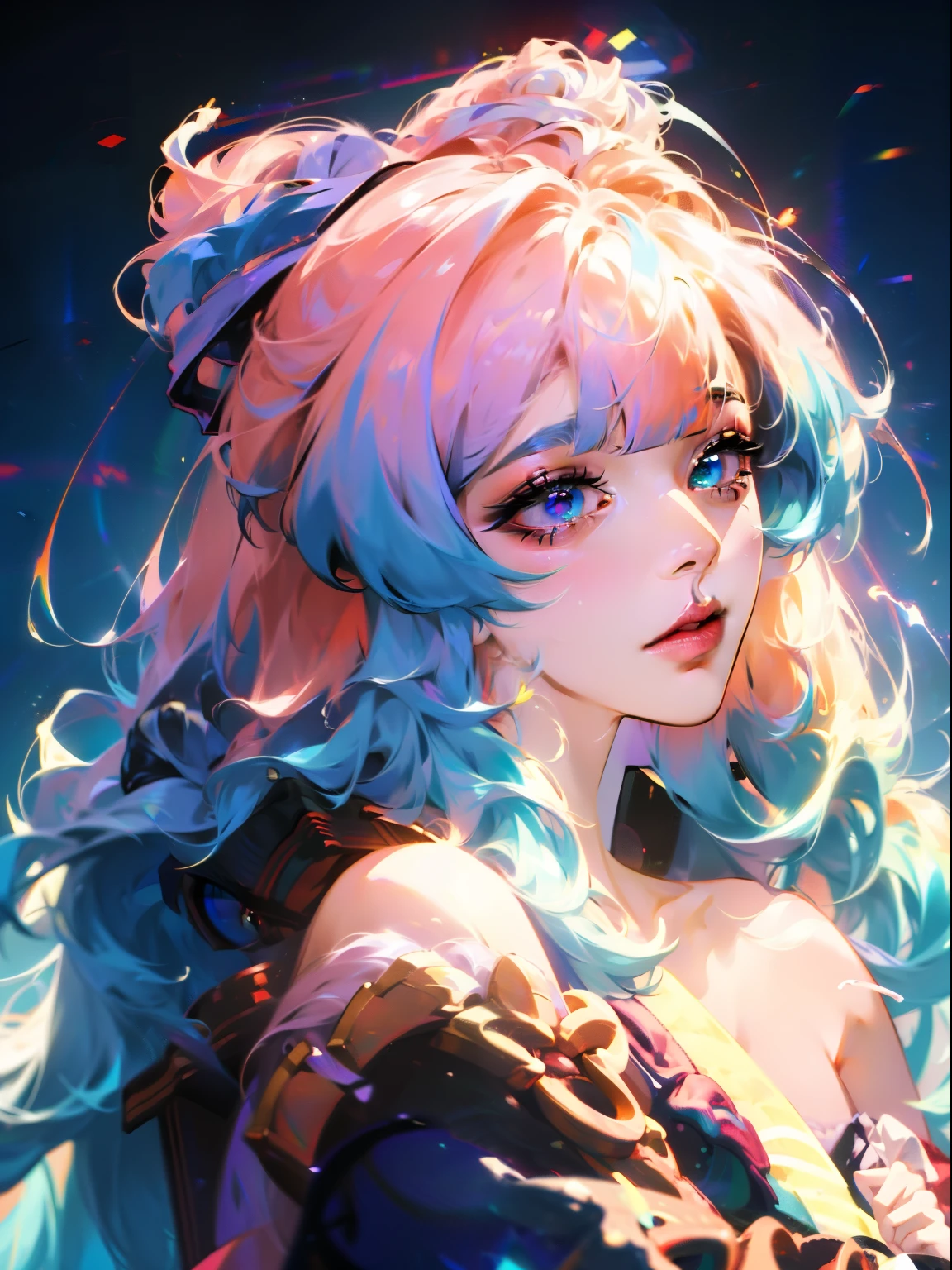 {{masterpiece}}, best quality, extremely detailed CG unity 8k wallpaper, cinematic lighting, lens flare, beautiful detail eyes, black,  side glance,  multicolor hair, colorful light, particles, heterochromia, (colorful:1.5), (colorful hair:1.5),