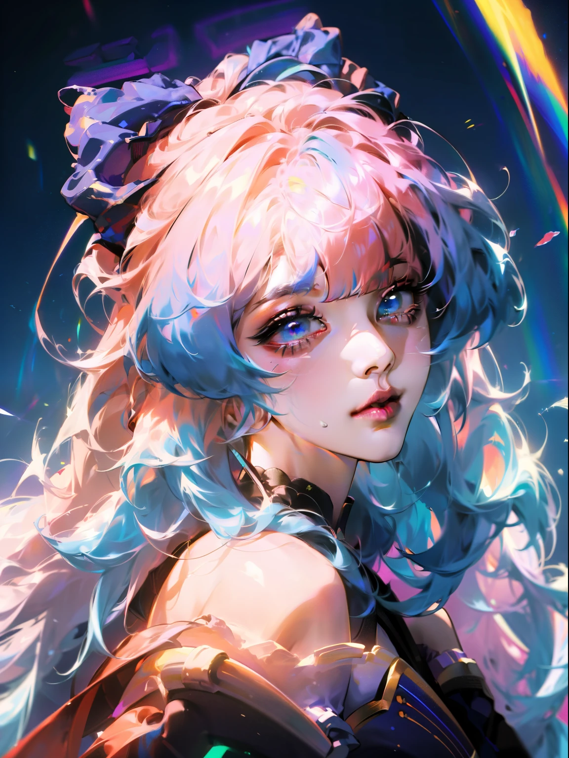 {{masterpiece}}, best quality, extremely detailed CG unity 8k wallpaper, cinematic lighting, lens flare, beautiful detail eyes, black,  side glance,  multicolor hair, colorful light, particles, heterochromia, (colorful:1.5), (colorful hair:1.5),