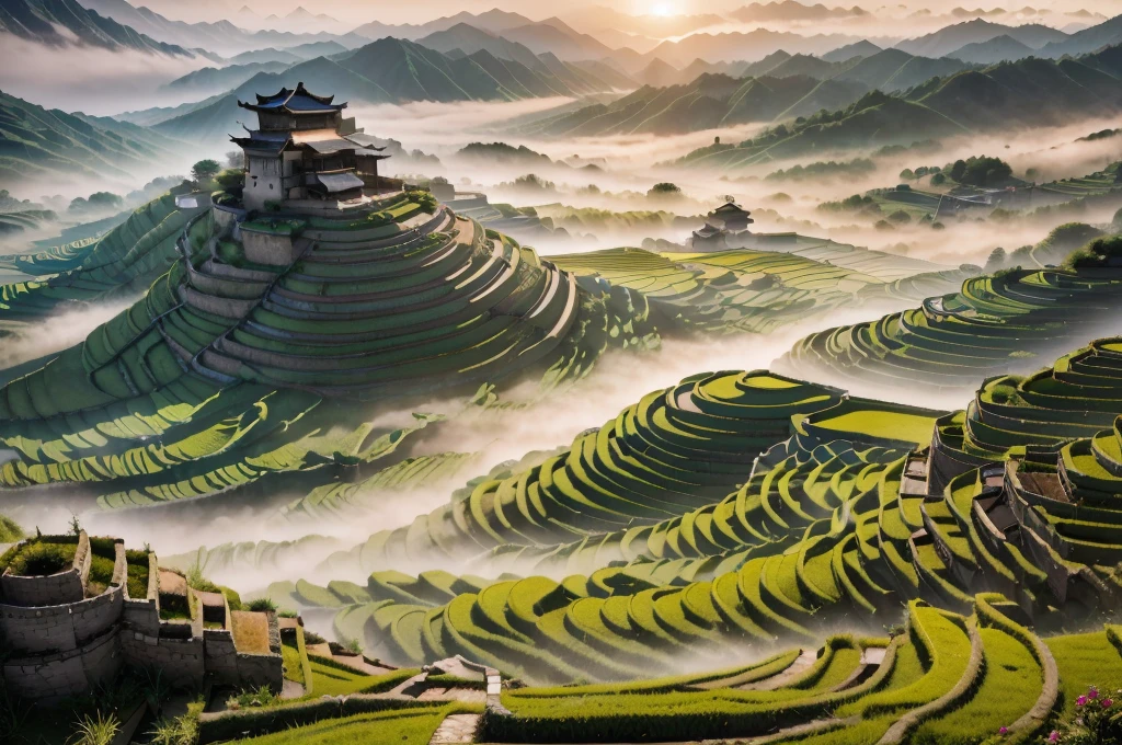 landscape wallpapers of beautiful places without people, photography inspired by Steve McCurry, a terraced rice field with mist at dawn, soft tones of green and gray, soft hazy lighting, calm and mystical atmosphere, 24mm lens