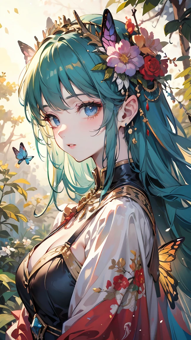 (best quality,4k,8k,highres,masterpiece:1.2),ultra-detailed,(realistic,photorealistic,photo-realistic:1.37),beautiful detailed eyes,beautiful detailed lips,extremely detailed eyes and face,long eyelashes,butterfly maiden,intricate butterfly wings,colorful butterfly wings,rich colors,vibrant colors,glowing skin,ornate headdress,flowing hair,elegant posture,floral background,nature elements,lush greenery,soft lighting,warm color palette