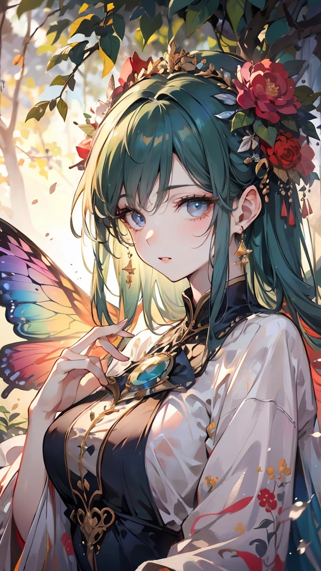 (best quality,4k,8k,highres,masterpiece:1.2),ultra-detailed,(realistic,photorealistic,photo-realistic:1.37),beautiful detailed eyes,beautiful detailed lips,extremely detailed eyes and face,long eyelashes,butterfly maiden,intricate butterfly wings,colorful butterfly wings,rich colors,vibrant colors,glowing skin,ornate headdress,flowing hair,elegant posture,floral background,nature elements,lush greenery,soft lighting,warm color palette