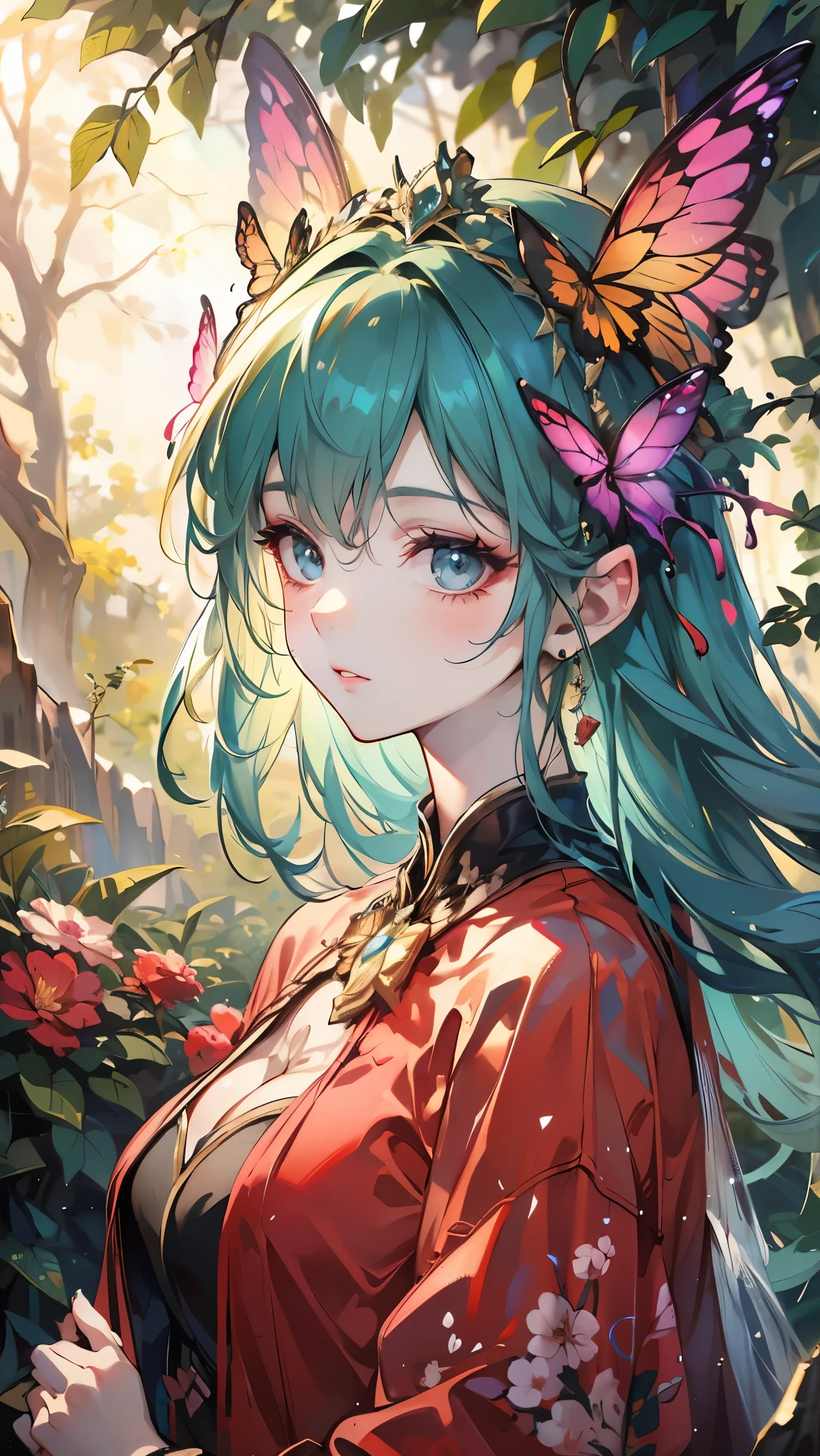 (best quality,4k,8k,highres,masterpiece:1.2),ultra-detailed,(realistic,photorealistic,photo-realistic:1.37),beautiful detailed eyes,beautiful detailed lips,extremely detailed eyes and face,long eyelashes,butterfly maiden,intricate butterfly wings,colorful butterfly wings,rich colors,vibrant colors,glowing skin,ornate headdress,flowing hair,elegant posture,floral background,nature elements,lush greenery,soft lighting,warm color palette