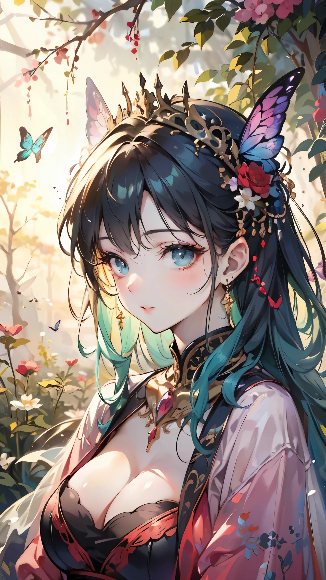 (best quality,4k,8k,highres,masterpiece:1.2),ultra-detailed,(realistic,photorealistic,photo-realistic:1.37),beautiful detailed eyes,beautiful detailed lips,extremely detailed eyes and face,long eyelashes,butterfly maiden,intricate butterfly wings,colorful butterfly wings,rich colors,vibrant colors,glowing skin,ornate headdress,flowing hair,elegant posture,floral background,nature elements,lush greenery,soft lighting,warm color palette