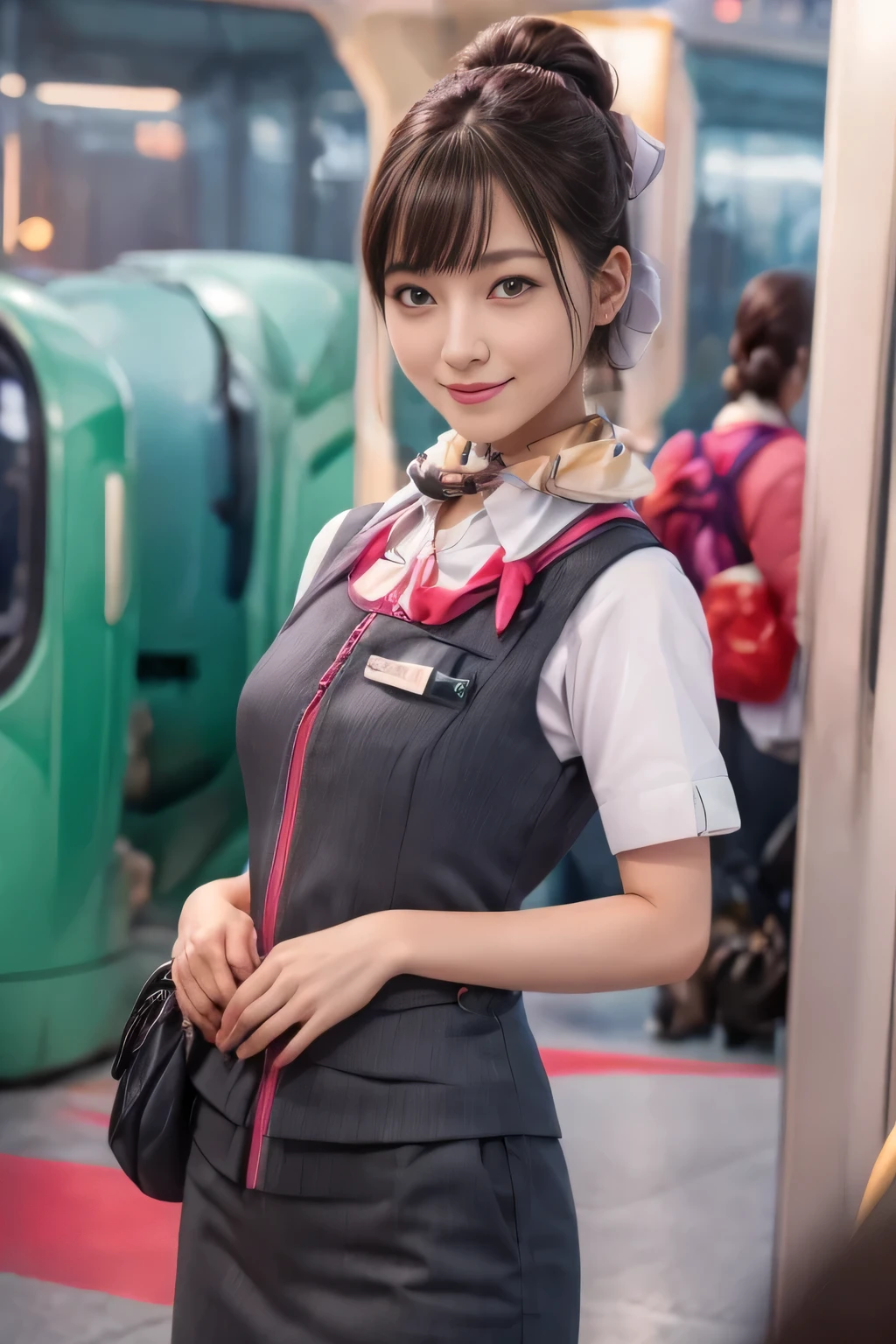 (masterpiece:1.2, Highest quality:1.2), 32k HDR, High resolution, (alone、One girl)、（At the station platform、Professional Lighting）、Empty train station platform background、（Realistic style of JR Gran Class crew uniform）、Short sleeve blouse、a scarf around the neck、（JR Gran Class flight attendant uniform with pink parts on the skirt sleeves）、（The uniform of a flight attendant in JR Gran Class has a pink line on the front zipper of the vest.）、Dark brown hair、（Chignon、Hair tied up）、Dark brown hair、Long Shot、Big Breasts、（（Great hands：2.0）），（（Harmonious body proportions：1.5）），（（Normal limbs：2.0）），（（Normal finger：2.0）），（（Delicate eyes：2.0）），（（Normal eyes：2.0））)、Big Breasts、Luxury Necklace、smile、Beautiful standing posture,Place your hands around your stomach