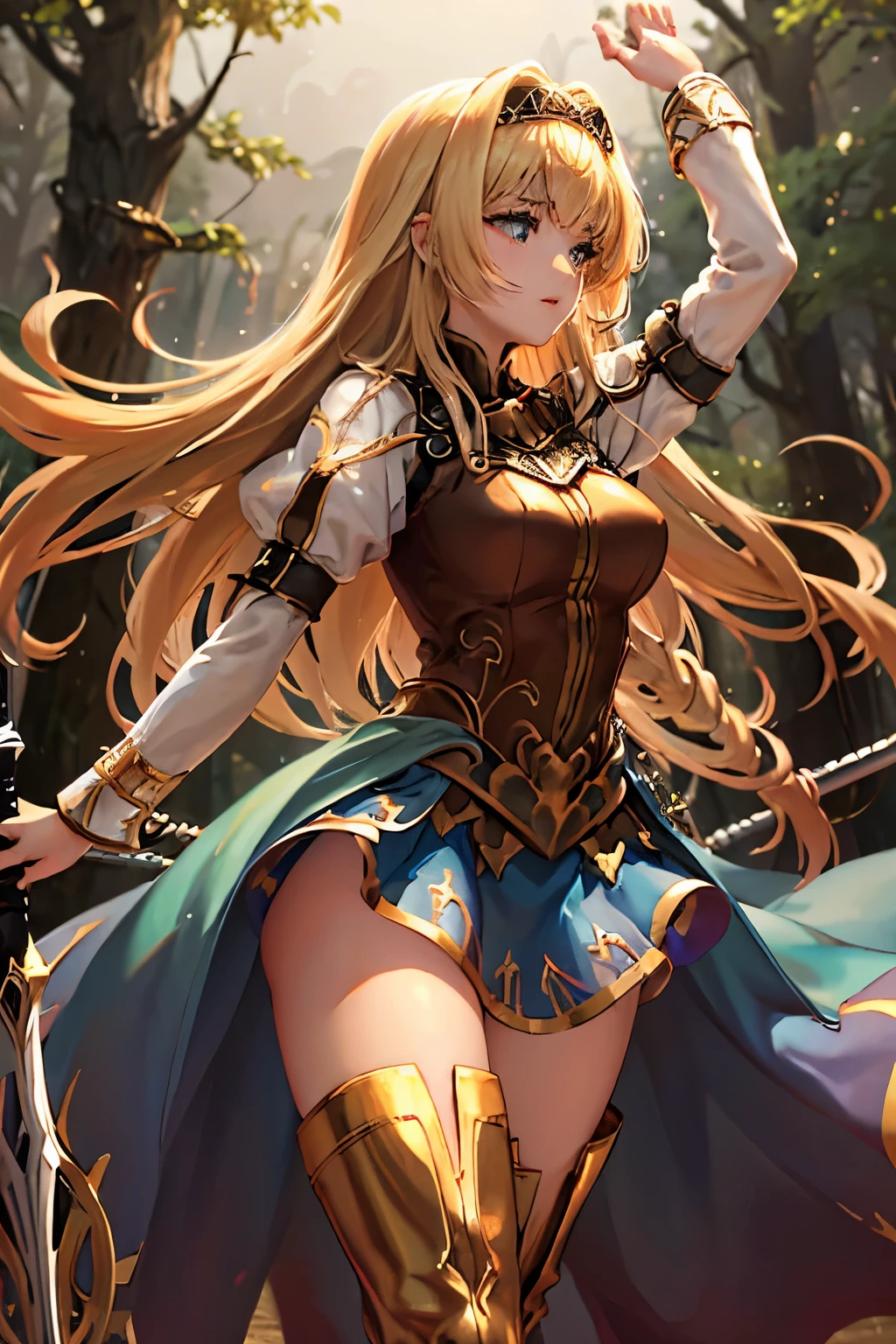 （（（ＳＦＷ、sound、Highest quality、first-clasasterpiece、Normal body、8K、Detailed face、Ultra-precision、Normal hand、Normal finger、５Finger、Highest）））、beautiful girl、Golden blonde;1.4、slender、low length、Thin legs、Alisha、Valkyrie Profile、princess、Rapier、Fleeting、Deep woods、profile