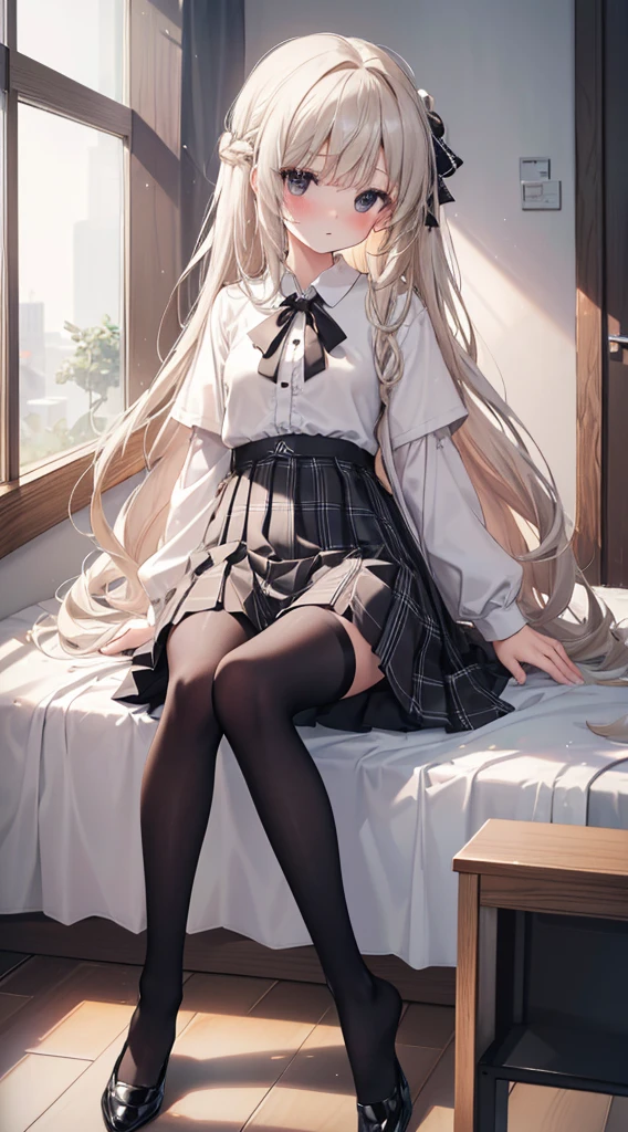 (8K、Best image quality、Highest quality、masterpiece)、One tall girl、((whole body))、Sit on the floor with your legs spread、White panties are visible、Long Hair、Wavy Hair、blush、Medium Bust、White collared shirt、Short sleeve、((Checkered pleated mini skirt))、Classroom Background、((black tights))、Black Pantyhose、((No shoes))