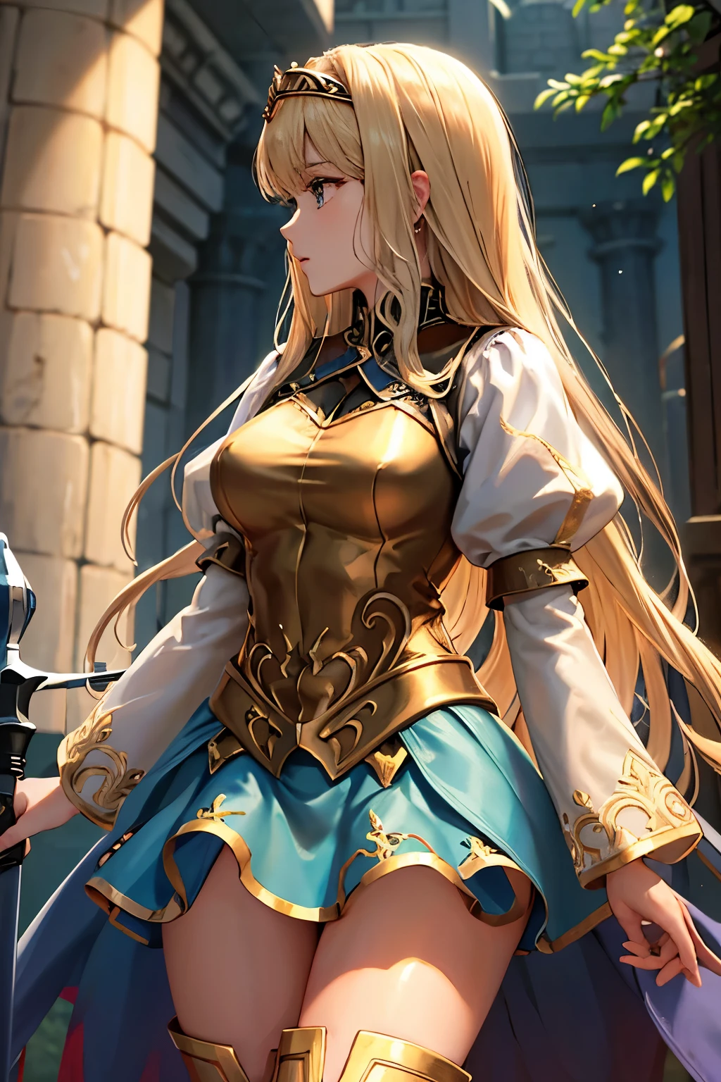 （（（ＳＦＷ、sound、Highest quality、first-clasasterpiece、Normal body、8K、Detailed face、Ultra-precision、Normal hand、Normal finger、５Finger、Highest）））、beautiful girl、Golden blonde;1.4、slender、low length、Thin legs、Alisha、Valkyrie Profile、princess、Rapier、Fleeting、Deep woods、profile