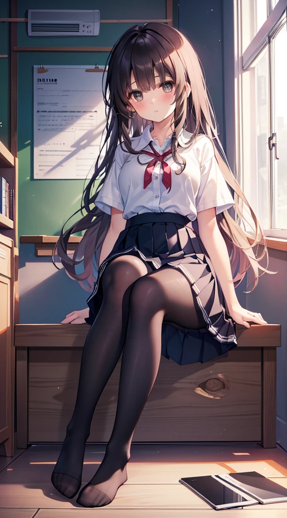 (8K、Best image quality、Highest quality、masterpiece)、One tall girl、((whole body))、Sit on the floor with your legs spread、White panties are visible、Long Hair、Wavy Hair、blush、Medium Bust、White collared shirt、Short sleeve、((Checkered pleated mini skirt))、Classroom Background、((black tights))、Black Pantyhose、((No shoes))